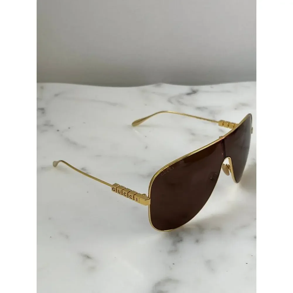 NEW Gucci GG1436S Gold Metal Shield Brown Sunglasses $640